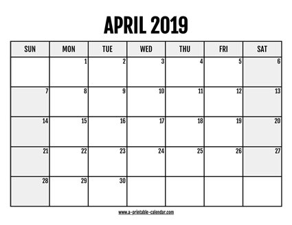 2019 April Calendar Printable