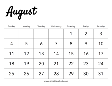 2019 August Calendar