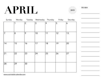 2019 Calendar April