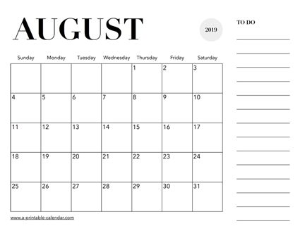 2019 Calendar August