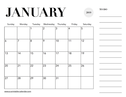 2019 Calendar January - A Printable Calendar