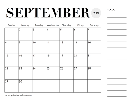 2019 Calendar September - A Printable Calendar