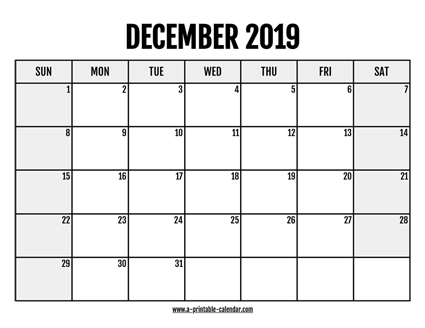 2019 December Calendar Printable