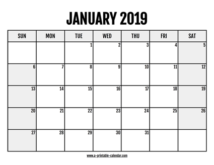 2019 January Calendar Printable