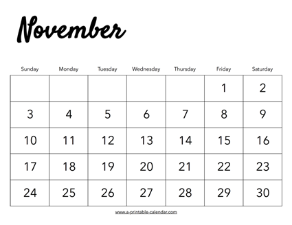 2019 November Calendar