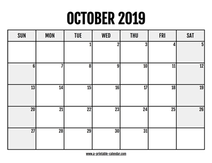 2019 October Calendar Printable - A Printable Calendar