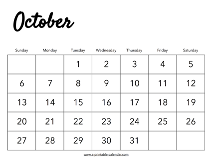 2019 October Calendar