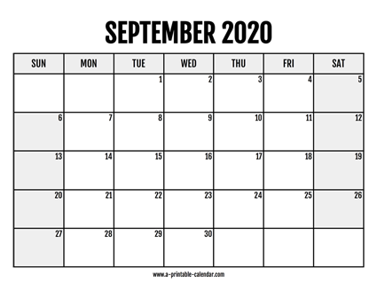 2020 September Calendar Printable