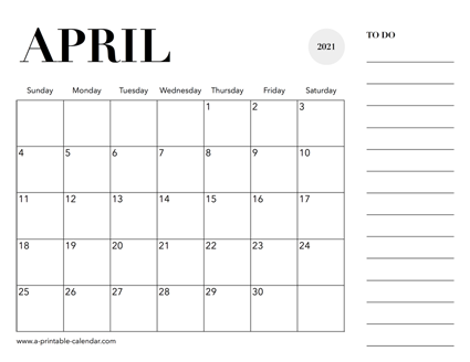 2021 Calendar April
