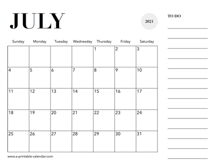 2021 Calendar July