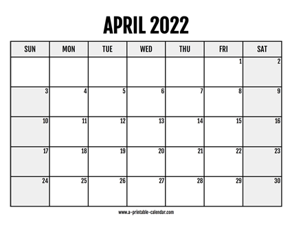 2022 April Calendar Printable