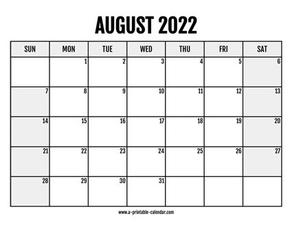 2022 August Calendar Printable