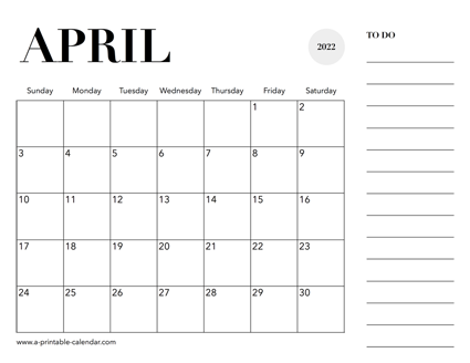 2022 Calendar April
