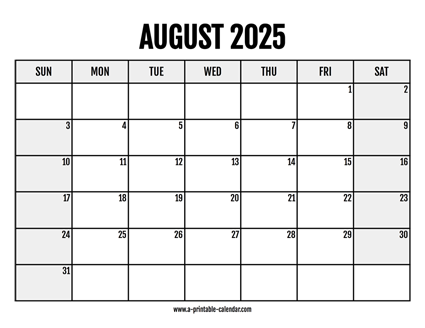 2025 August Calendar Printable
