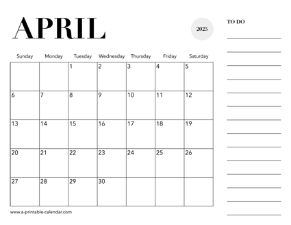 2025 Calendar April