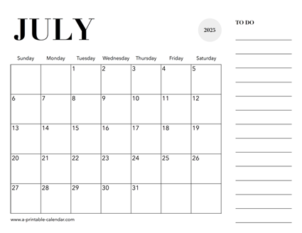 2025 Calendar July