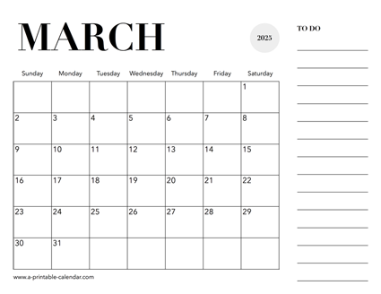 2025 Calendar March