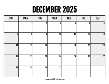 2025 December Calendar Printable
