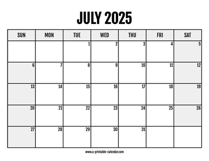 2025 July Calendar Printable
