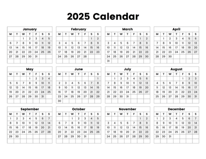 2025 Year Calendar With The Week Starting On Monday