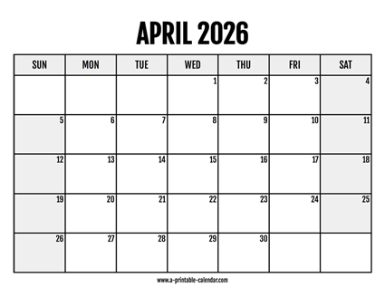 2026 April Calendar Printable