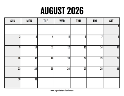 2026 August Calendar Printable