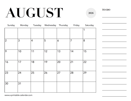 2026 Calendar August