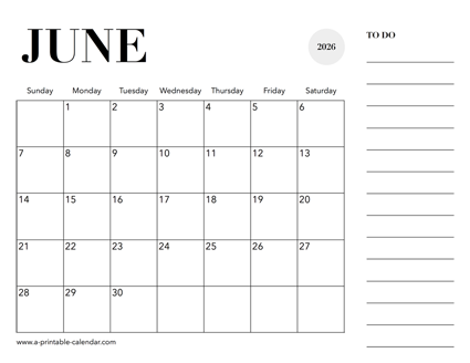 2026 Calendar June