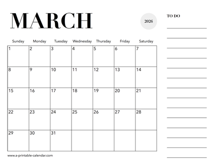 2026 Calendar March