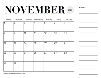 2026 Calendar November