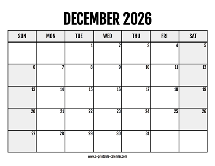 2026 December Calendar Printable