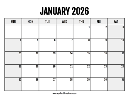 2026 January Calendar Printable