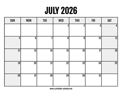 2026 July Calendar Printable