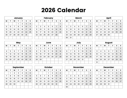 2026 Year Calendar With The Week Starting On Monday