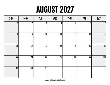 2027 August Calendar Printable
