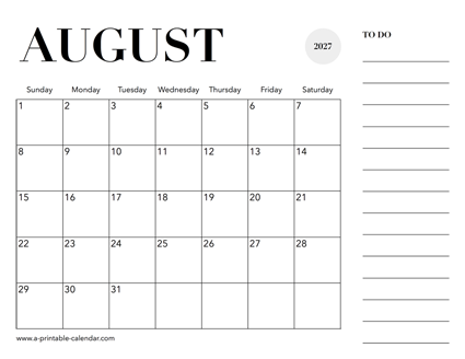 2027 Calendar August