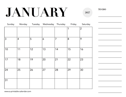 2027 Calendar January