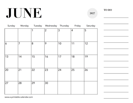 2027 Calendar June