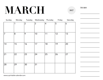 2027 Calendar March