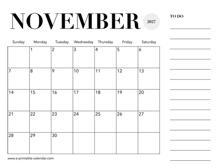 2027 Calendar November