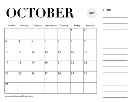 2027 Calendar October