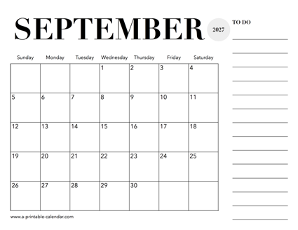 2027 Calendar September