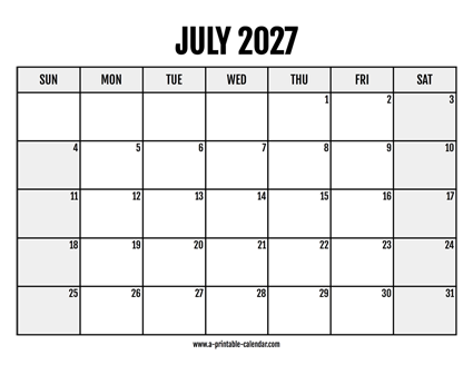 2027 July Calendar Printable