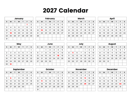 2027 Year Calendar With Holidays