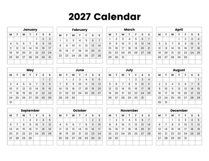2027 Year Calendar With The Week Starting On Monday