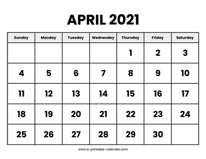 April 2021 Calendar Printable