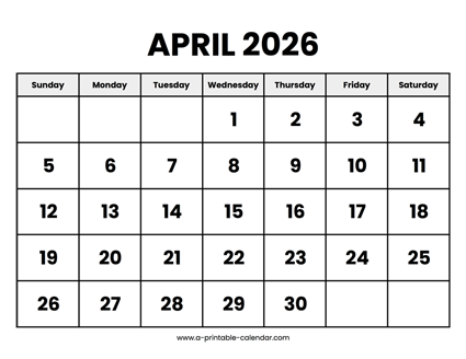 April 2026 Calendar Printable