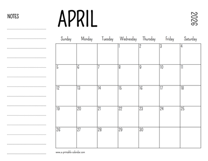 April 2026 Printable Calendar