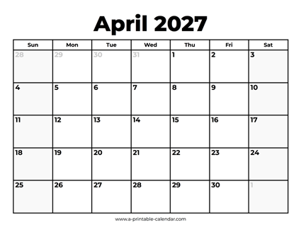 April 2027 Calendar With Holidays