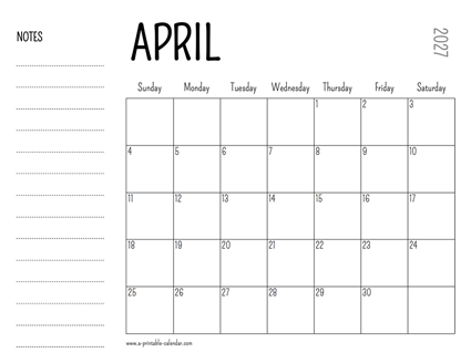 April 2027 Printable Calendar
